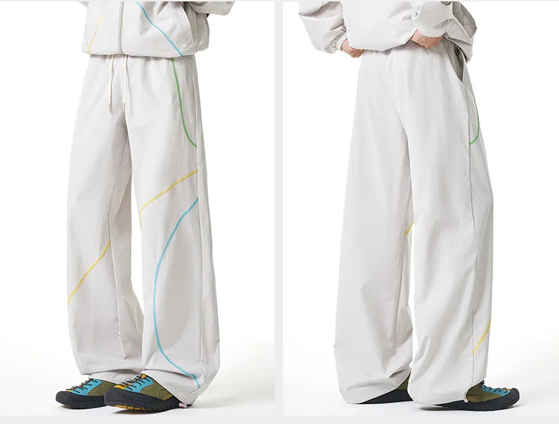 Unisex 2‑Pieces Tracksuit Set Color Contrast Stitching Stand Collar Zip‑Up Jacket Wide Leg Pants Windproof Outdoor Hiking Set