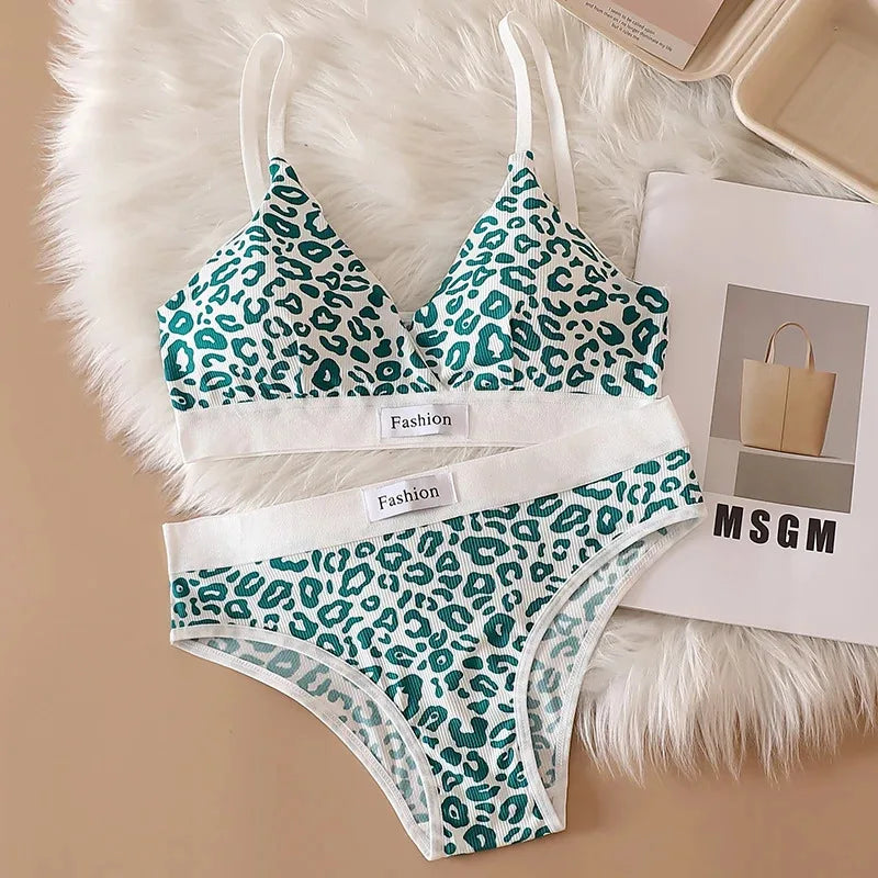 1/3/8Pcs Seamless Bra Set Low Waist Panties Leopard Bralette Sexy Lingerie Set Vneck Sport Brassiere Female Cotton Underwear Set