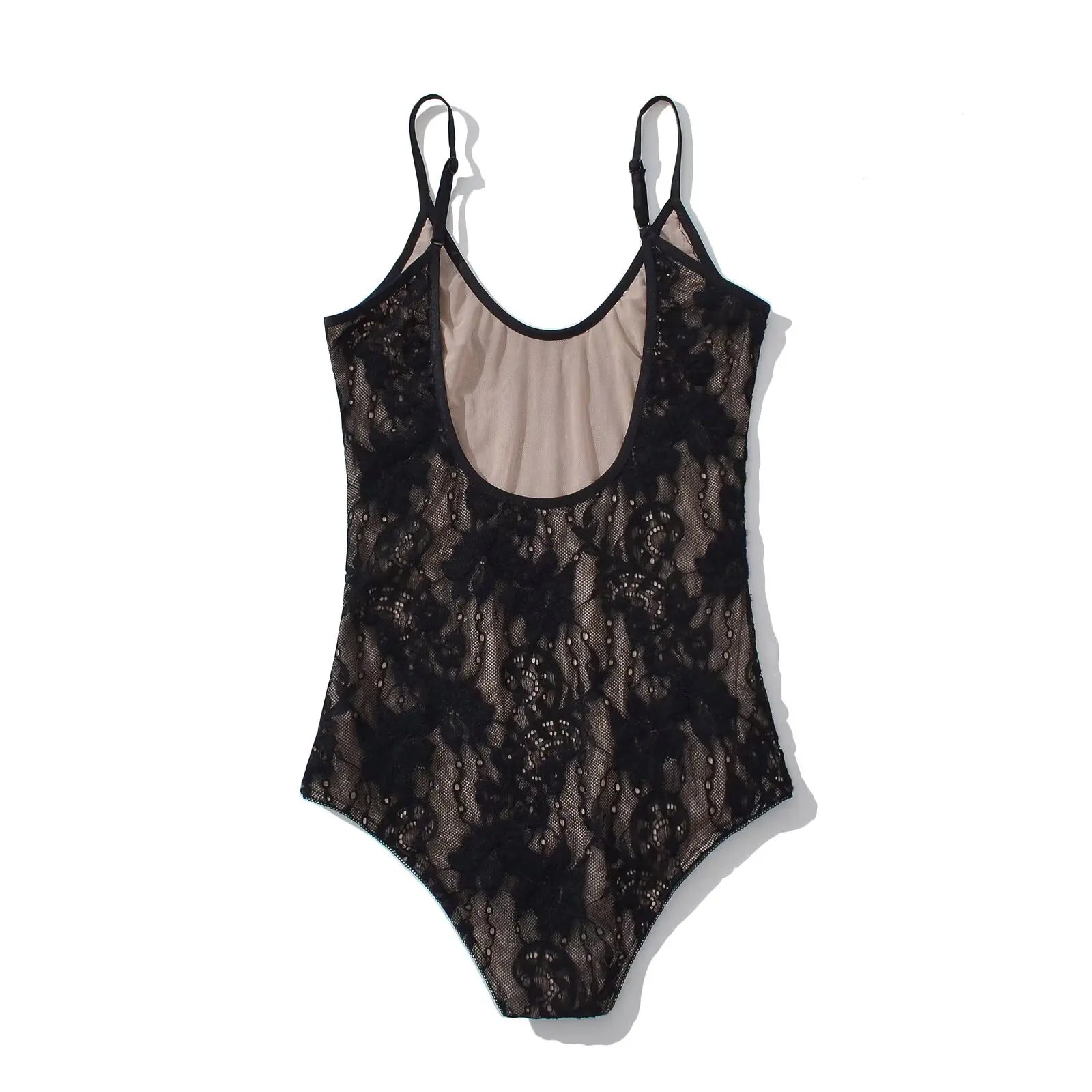 Sexy See Through Lace With Lining Backless Spaghetti Strap Bodysuit Woman Sling Tight Short Jumpsuit Slim Fit Rompers Playsuits
