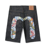 Men Embroidery Denim Shorts Black Hiphop Jeans Pants Cherry Blossom Dragon Totem Washed Zipper Cotton Summer cherry blossoms 024