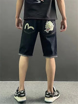Men Embroidery Denim Shorts Black Hiphop Jeans Pants Cherry Blossom Dragon Totem Washed Zipper Cotton Summer cherry blossoms 024