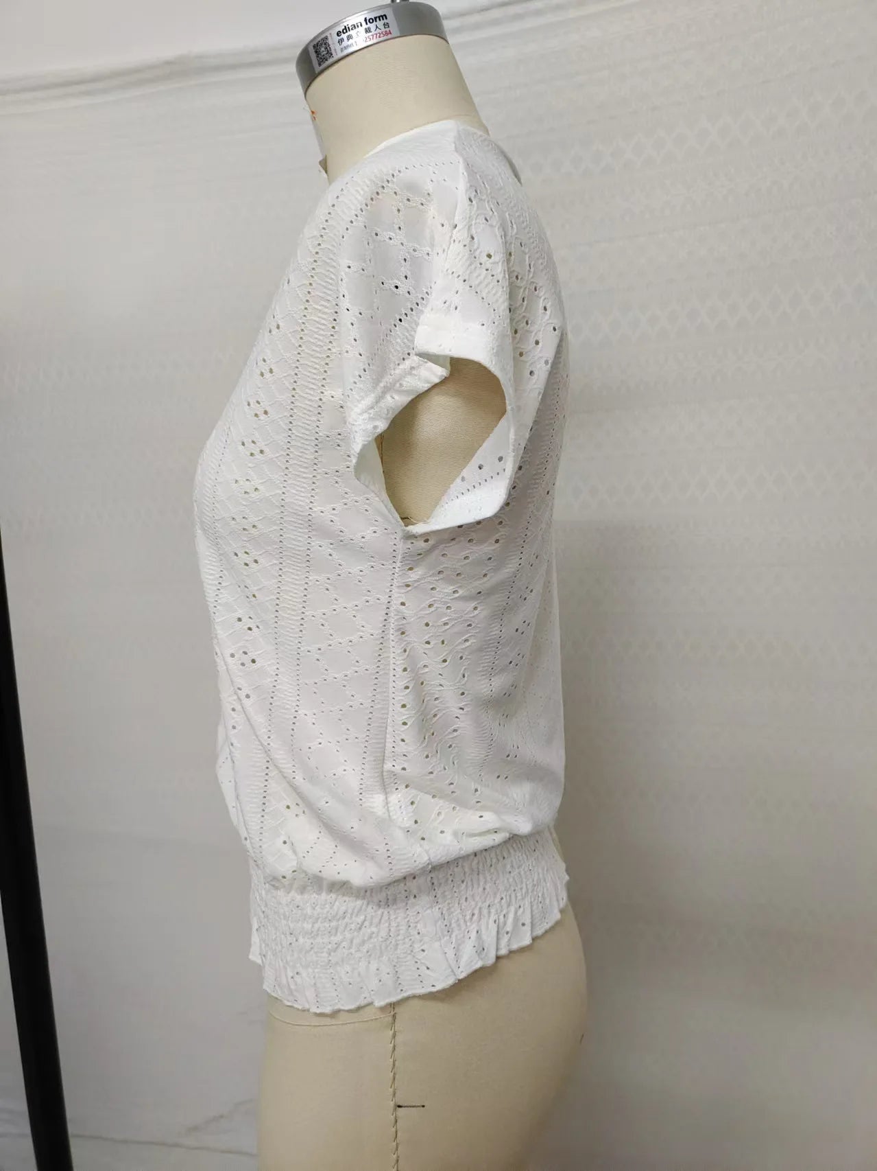 2025 Spring Summer New Fashion Blouses Solid V-Neck Jacquard Hollow-Out Smocking Short-Sleeve Shirts Fashion Casual Women's Tops