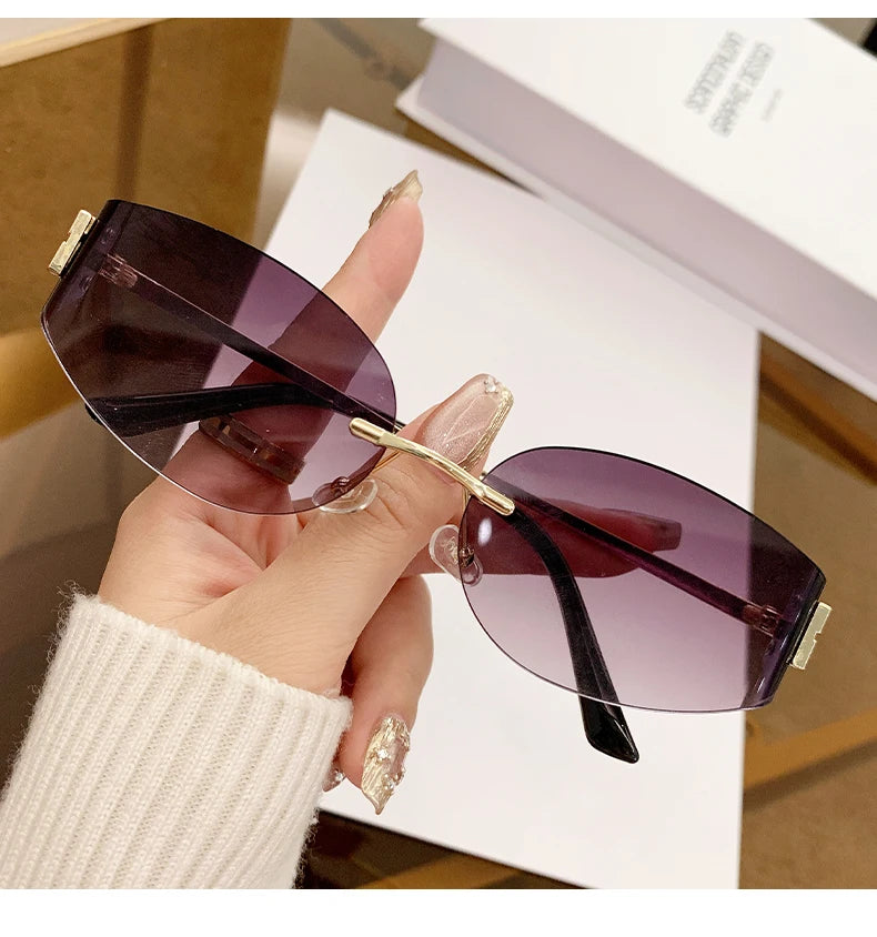 Rimless Oval Sunglasses Women UV400 Oversized Gradient Black Lenses Metal Frame Punk Decorative Glasses Men Goggles Female