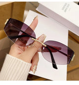 Rimless Oval Sunglasses Women UV400 Oversized Gradient Black Lenses Metal Frame Punk Decorative Glasses Men Goggles Female