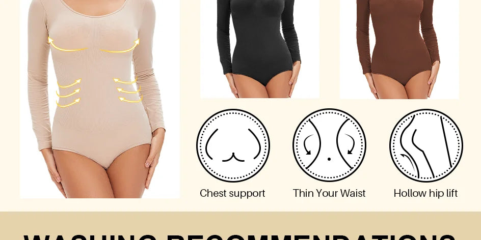 POKARLA Spandex Elastic Body Suit Shapewear Women Body Shaper Tummy Control Long Sleeve Open Crotch Round Neck Seamless Shapers