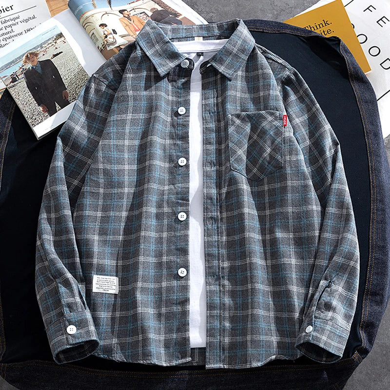 Men's Casual Plaid Shirts Autumn Fashion Long-sleeved T-shirts Korean Loose High Street Shirt Outwear Young Adults Spring Top