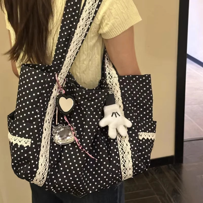 Women Shoulder Bag For Korean Vintage Canvas Cute Lace Large Capacity Tote Multi Pocket Handbag Fashion Round Dot Underarm Bag