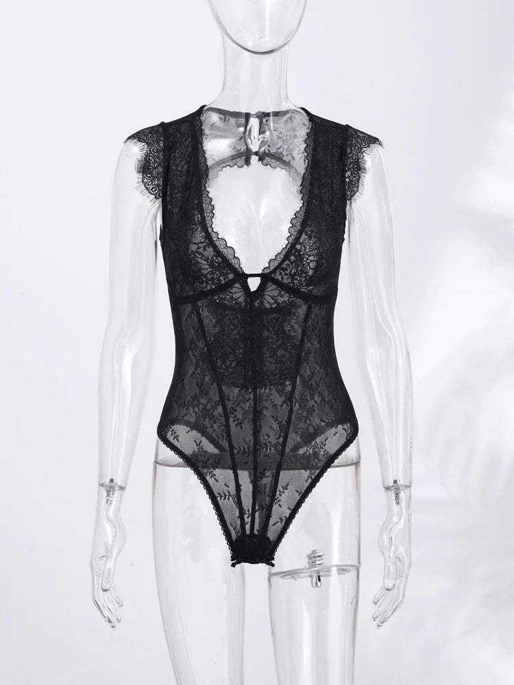 Women Lace Trim Bodysuit Sexy Woman Clotehs Sleeveless Deep V Neck Sheer Mesh Elegant Casual Party Top Spring Vacation Outfit