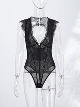 Women Lace Trim Bodysuit Sexy Woman Clotehs Sleeveless Deep V Neck Sheer Mesh Elegant Casual Party Top Spring Vacation Outfit