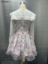 2025 Japanese Sweet Lolita Kawaii Dress Women Spring Printed Bow Fake Two Piece Dress Female Korea Style Design Party Clothing