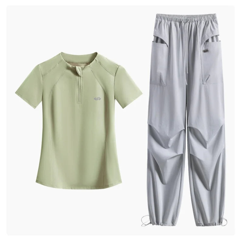 DRUR Summer Hiking Tracksuit Women Breathable Quick Dry Running Set  2 Piece Gym Outfit Slim Fit Sports Top Cargo Pants Suit New