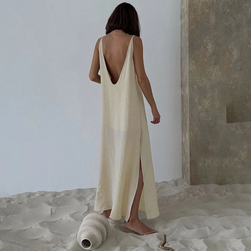 HiLoc Casual Loose White Long Dress Robe 2025 New Summer V Neck Dresses For Women Spring Sleeveless Straight Robes Nightgown