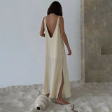 HiLoc Casual Loose White Long Dress Robe 2025 New Summer V Neck Dresses For Women Spring Sleeveless Straight Robes Nightgown