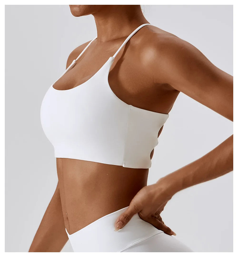 Solid Color U-Shaped Multi-Strap Cross Back Women Fitness Sports Bra Top Gym Yoga Athletic Tight Workout Jog Soft With Chest Pad