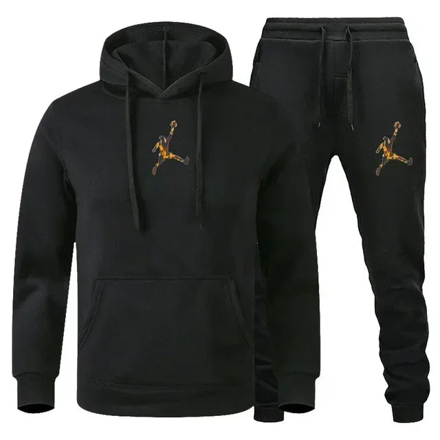 A 2-piece men's outdoor fitness sportswear set featuring a hooded long-sleeved sweatshirt, pullover and casual pants for autumn