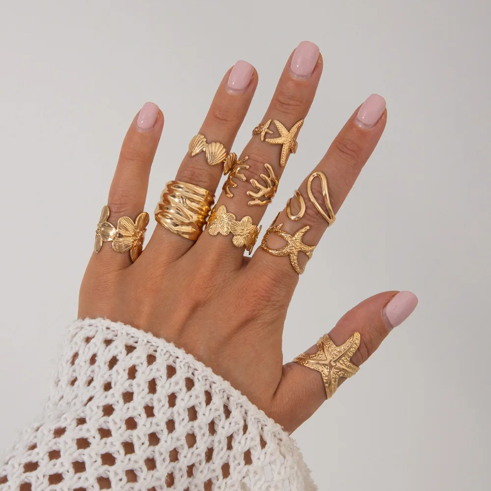 6pcs Set Exaggerated Personality Summer Starfish Shells Sun Flower Rings for Women Retro Irregular Charm Finger Jewelry Set Gift