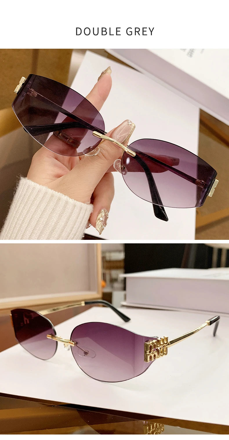 Rimless Oval Sunglasses Women UV400 Oversized Gradient Black Lenses Metal Frame Punk Decorative Glasses Men Goggles Female