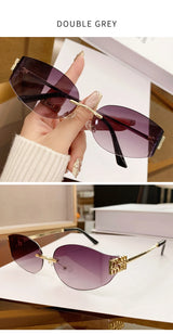 Rimless Oval Sunglasses Women UV400 Oversized Gradient Black Lenses Metal Frame Punk Decorative Glasses Men Goggles Female