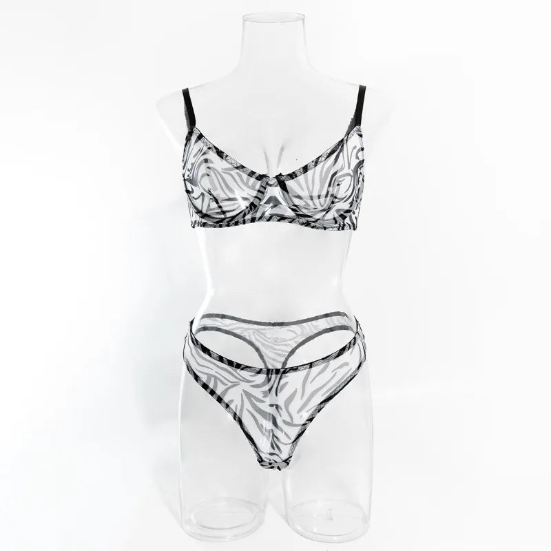 Toucheart 2-Piece Sexy Leopard Print Lingerie Set Bra Women Hollow Sexy Lingerie Thin Mesh Patchwork Print See-Through Sexy Set