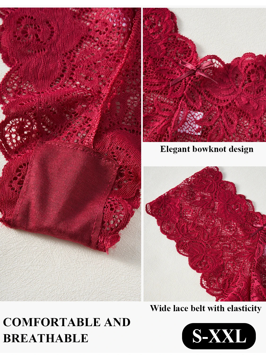 3PCS Elegant Women's Underwear V-shaped Waist Lace Floral Embroidery Panties Semi-Sheer Sexy Briefs Solid Color Lingerie
