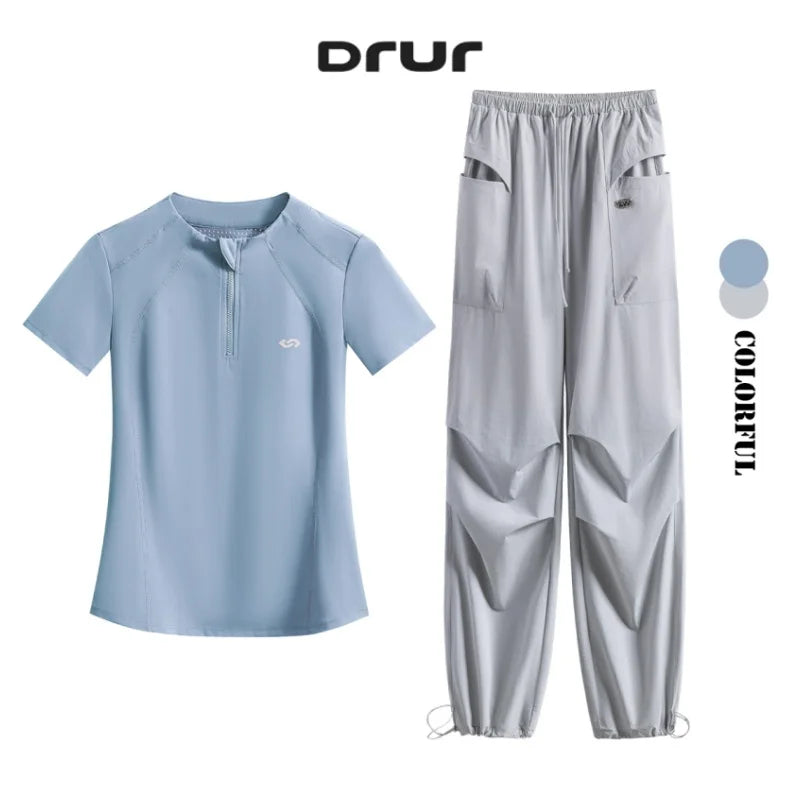 DRUR Summer Hiking Tracksuit Women Breathable Quick Dry Running Set  2 Piece Gym Outfit Slim Fit Sports Top Cargo Pants Suit New