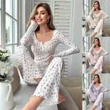 Sleepwear Women Floral Print Lettuce Trim Top with Long Pant Lovely Loungewear Full Sleeve Nightwear Spring Autumn Pajamas Set