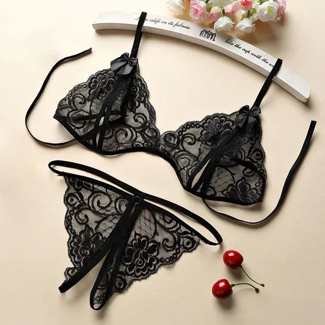 Sexy Women's Underwear Set Transparent Three Piece Bra And Underwear Set Garter Belt Exotic Mesh Mesh Underwear Sleepwear Set ok