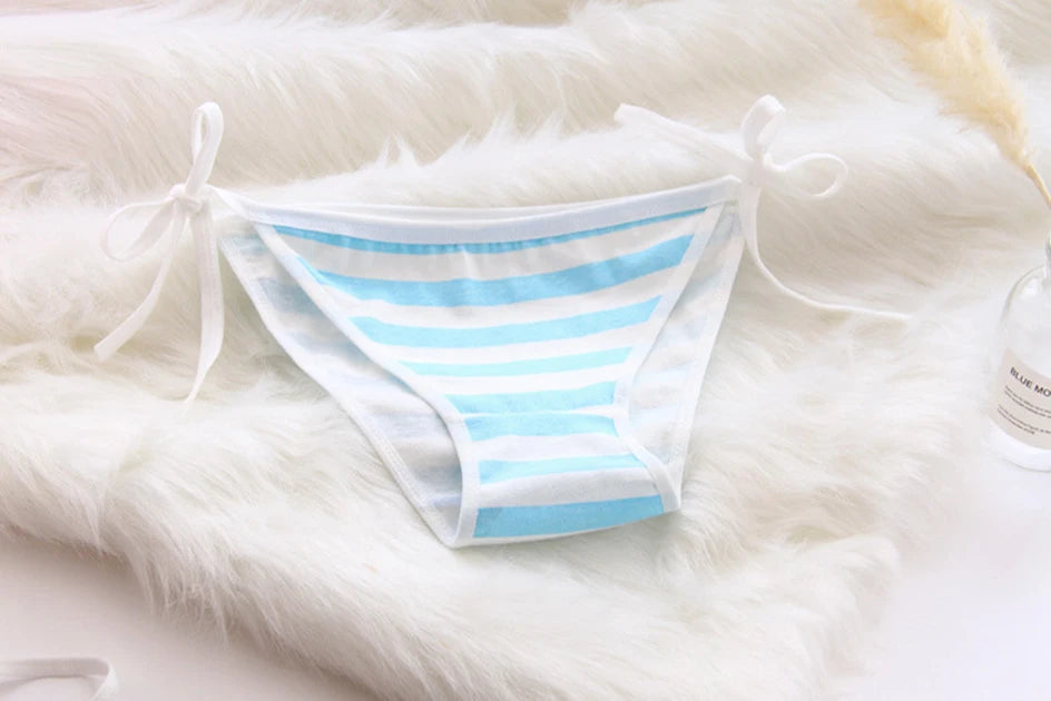 2PCS Women Bra Panties Set Sexy Lingeries Cotton Seamless Kawaii Bikini Lace-up Strap Blue White Striped Suit Female Underwear