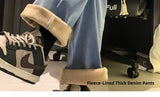Thiened Fce Dstring Jeans Women's Winter New Sle Warm Straight Leg Loose Wide Leg High Waist Jeans Cotton Stretch D...
