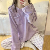 CHUANGERM Winter Fleece Thick Warm Soft Solid Casual Women's Pajamas Set Plaid Top And Pants Home Suit Pyjamas