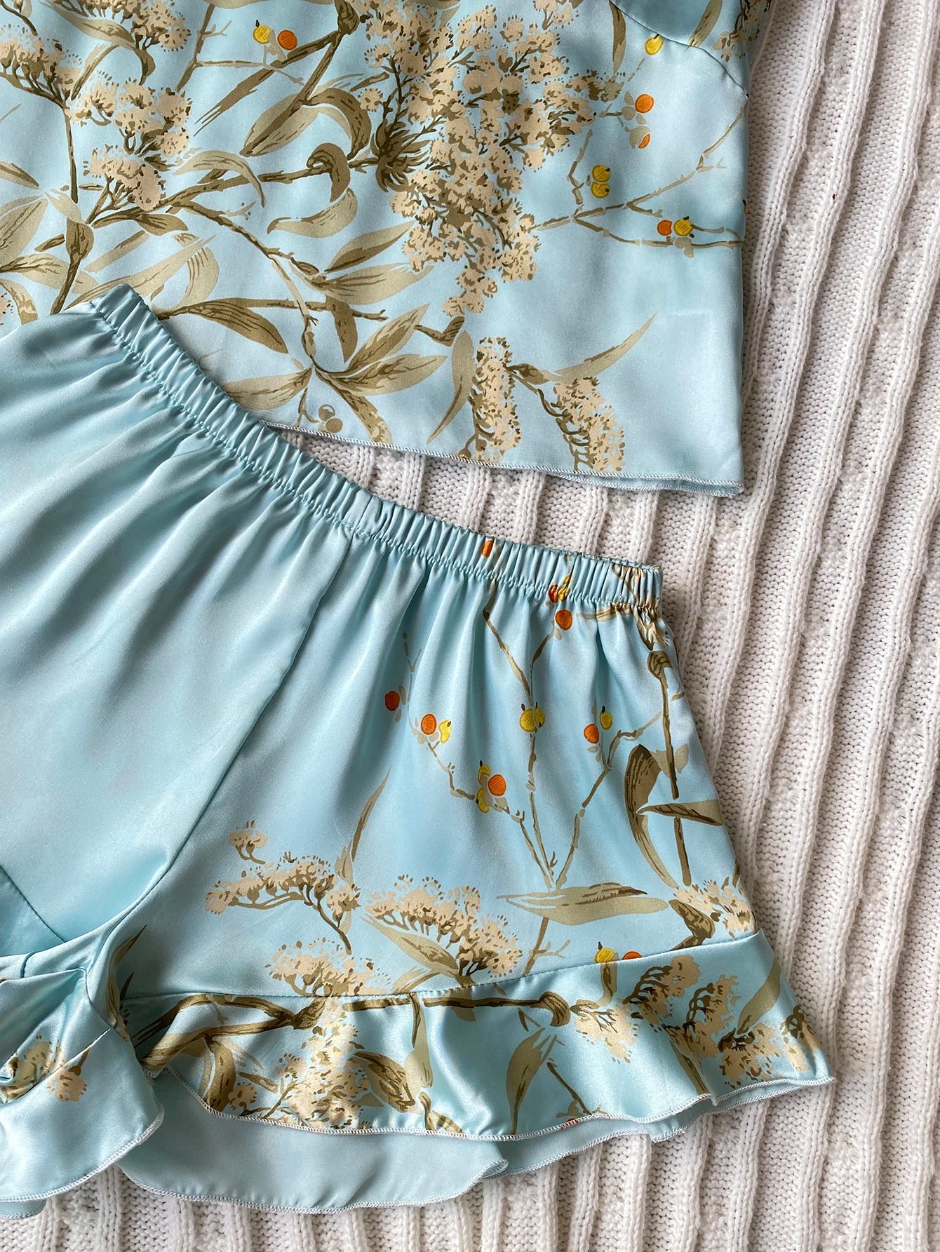 Elegant Floral Print Cami Tops Ruffle Hem Shorts Pajama Set  Women's Sleepwear Loungewear