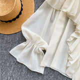 SINGREINY Chic Ruffles Splice Chiffon Blouse V Neck Flared Sleeve Loose Tops 2025 Fashion Solid Fairycore Vacation Women Shirt