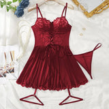 Sexy Bra And Garter Belt Lingerie Hot Red Babydoll Dress Erotic Women Exquisite 3-Piece Sets Thong Nightgown Set With Leg Rings