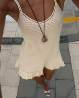 Sexy Crochet Halter V Neck Chic Ruffle Knit Beach Mini Dress 2026 Women Comfy Swimsuit Cover Up Seaside Holiday Club Dresses K58
