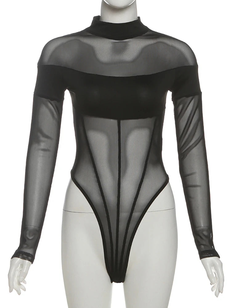 Weird Puss Coquette See Through Bodysuit Women Sexy Wild Mesh Hipster Patchwork Full Sleeve Midnight Stretch Street Clubwear