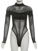 Weird Puss Coquette See Through Bodysuit Women Sexy Wild Mesh Hipster Patchwork Full Sleeve Midnight Stretch Street Clubwear