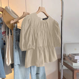 ZANZEA Women Summer Tops Short Sleeve Blouse 2025 Casual Solid Color Tunic Female Ruffled Round Neck Pleated Blusas Oversized