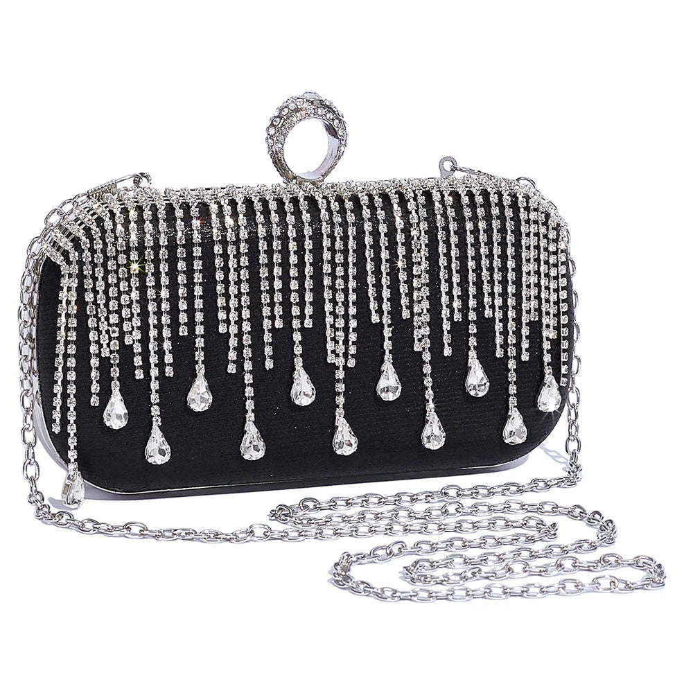 @Luxury Evening Clutch Bag Wedding Rhinestone Tassel Handbag Silver Purse Party Shoulder Bag for Women Fashion Black Bag