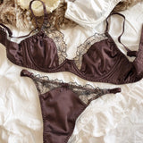 French Ultra Thin Women Lingerie Set Sexy Satin Lace Splicing Comfort Bras Leopard Print Temptation Bra and Thong Sets Underwear