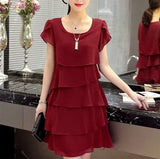 2026 Dress For Women Summer Wave Cut Ruffle Sweet Solid Short Sleeve Slim Dresses Lady Casual All-match Vestido O-Neck Chiffon