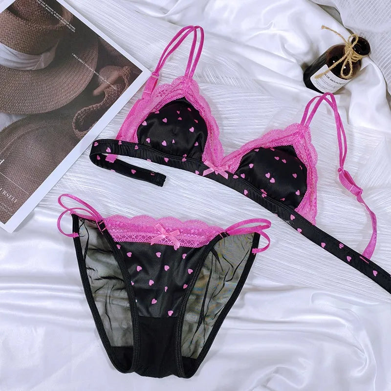French Style Bralette No Underwire, Sexy Lace Trim Small Cup Lingerie, Cute 3-Piece Bra Set with Comfort Cup Shape Design S-xl