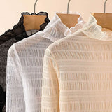 Women Elegant High Neck Polka Dot Blouse Mesh Lace Stitching Puff Long Sleeve Shirt Slim Fit Office Ladies Fashion Daily Tops