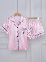 Striped Embroidered Letter Pocket Short Sleeve And Shorts Pajama Set Casual Satin Sleepwear Lapel Collar Classic Print