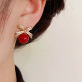 Sparkling Rhinestone Bow Pearl Stud Earrings Light Luxury Fashion Jewelry Women Gifts Wedding Birthday
