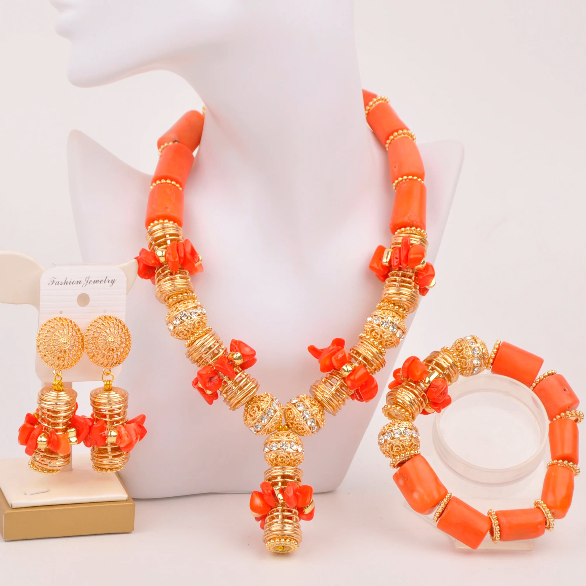 32inches 2Layers orange artifinal nigerian coral bead jewelry set wedding