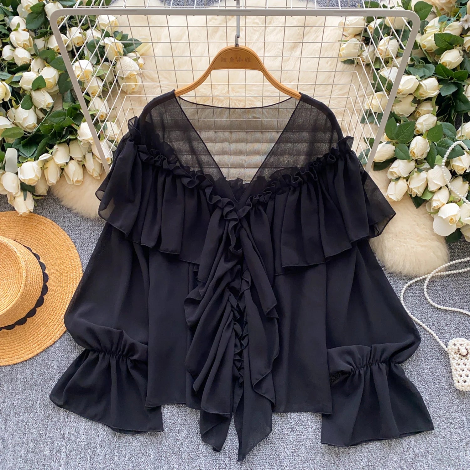 SINGREINY Chic Ruffles Splice Chiffon Blouse V Neck Flared Sleeve Loose Tops 2025 Fashion Solid Fairycore Vacation Women Shirt