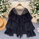 SINGREINY Chic Ruffles Splice Chiffon Blouse V Neck Flared Sleeve Loose Tops 2025 Fashion Solid Fairycore Vacation Women Shirt