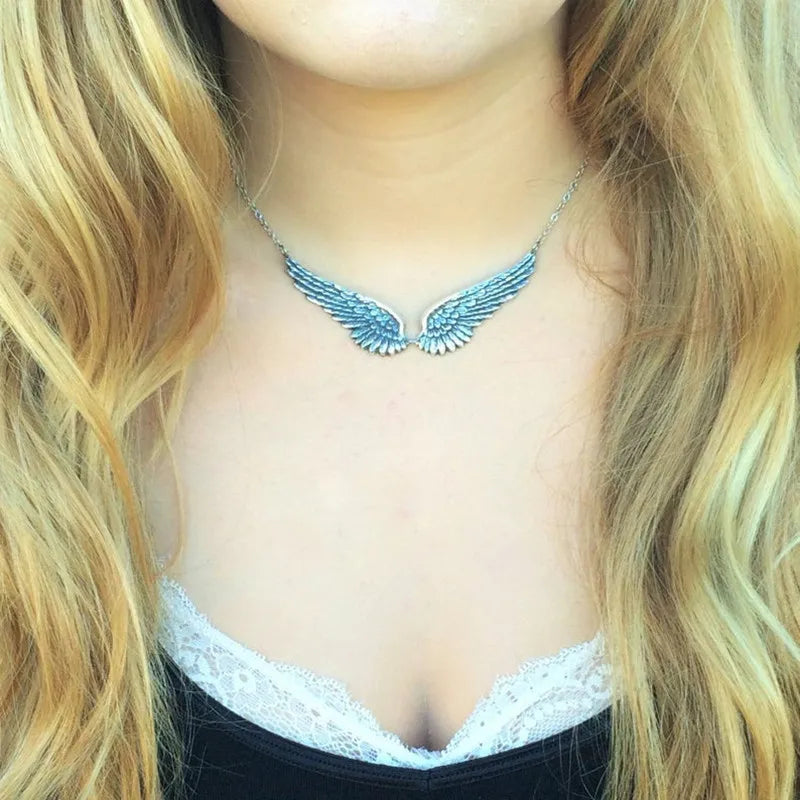 Vintage Angel Wings Feather Choker Big Pendant Aesthetic Link Chains Statement Necklace for Women Collar Bib Wedding Tribal Gift
