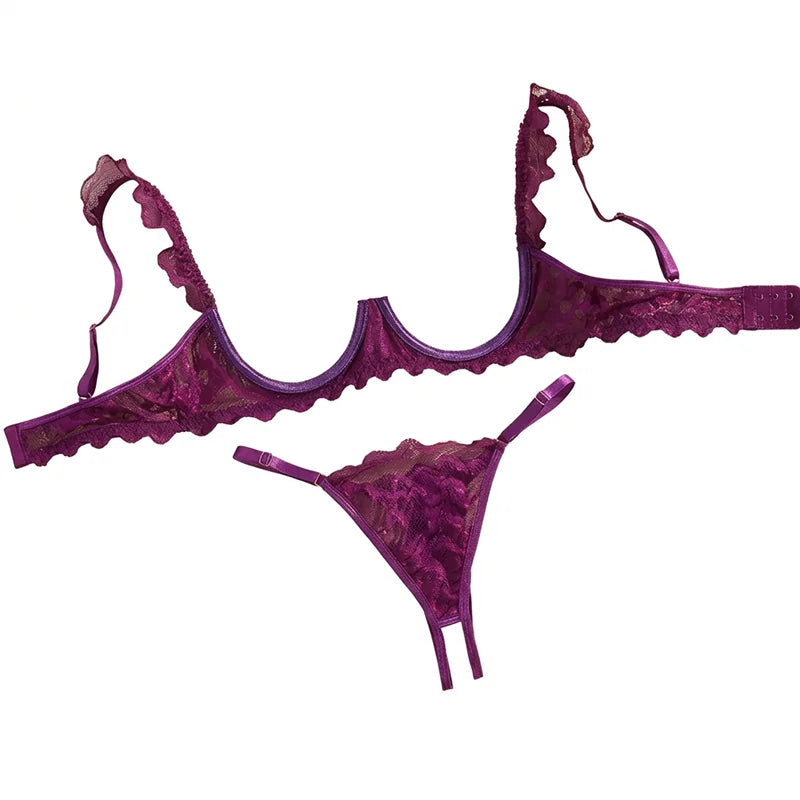 Women's Lingerie Ultra Sexy Open Bra Thong Sets Romantic Lace Underwear Hollow Ultra Thin Lingerie Set Intimate Erotic Lingerie