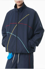 Unisex 2‑Pieces Tracksuit Set Color Contrast Stitching Stand Collar Zip‑Up Jacket Wide Leg Pants Windproof Outdoor Hiking Set